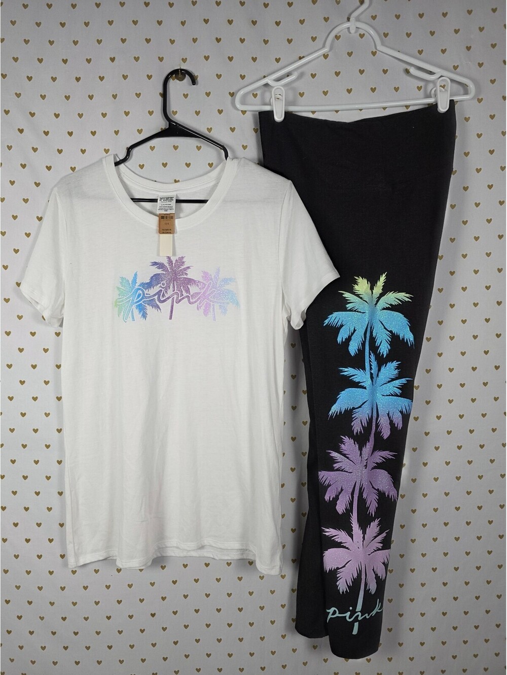 Victorias Secret Pink BLING Glitter Palm Tee Shirt Yoga Pant SET outfit LARGE